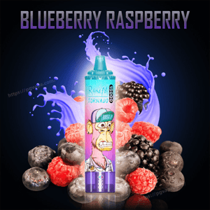 A colorful disposable vape device labeled Blueberry Raspberry with a teal cap and purple gradient body featuring a cartoon ape in a cap and '15000' printed on the side, set against a splash of purple liquid and surrounded by blueberries, raspberries and blackberries.