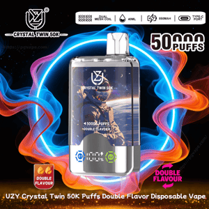 Crystal Twin 50K disposable vape device with astronaut artwork on the front, a digital dual-flavor display and '50,000 puffs' label, set against a neon blue-and-orange swirling smoke ring background.