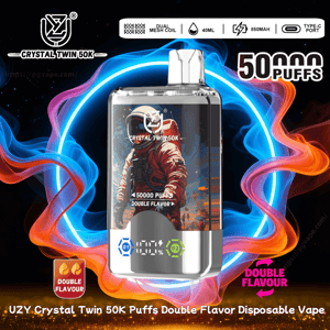Rectangular UZY Crystal Twin 50K disposable vape with astronaut artwork and a small digital display, set against swirling blue and orange neon smoke and labeled 
