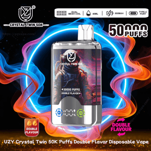 Rectangular Crystal Twin 50K disposable vape with an astronaut graphic and digital display, set against swirling blue and orange neon smoke rings and text highlighting 50,000 puffs, double-flavour capability, 40ml, 850mAh battery and Type-C charging.