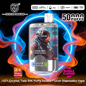 Shiny rectangular Crystal Twin 50K disposable vape featuring colorful astronaut artwork, a top mouthpiece and digital battery/dual-flavor indicators, set against blue and orange swirling smoke with prominent '50,000 puffs' and 'double flavour' labels.