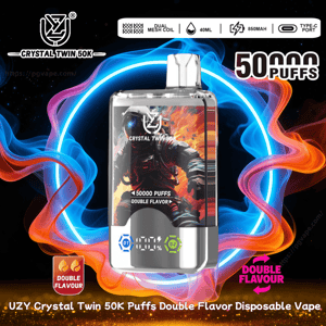 Rectangular Crystal Twin 50K disposable vape featuring astronaut artwork and a small digital dual-flavor display, set against blue and orange swirling smoke and labeled 50,000 puffs with icons for dual mesh coil, 40ml, 850mAh and Type-C port.
