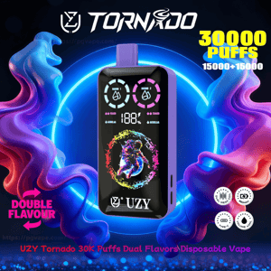 Dispositivo de vapeo desechable UZY Tornado de color morado con una colorida pantalla digital centrada contra una luz circular azul neón y un vapor arremolinado de color rosa violeta, con texto en negrita que anuncia 30,000 caladas y doble sabor.