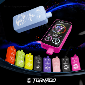 Colorful Tornado-branded rectangular vape devices displayed on a dark cosmic background, dominated by a large pink unit with a glowing digital screen and a floating blue unit, with a row of smaller orange, lime, yellow, black, purple and pink devices below, each bearing white space-themed illustrations and the Tornado logo at the bottom.