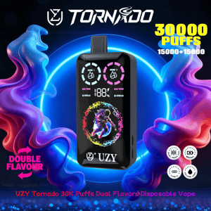 Vaporizador desechable UZY Tornado negro con boquilla superior y pantalla digital que muestra indicadores redondos dobles y una obra de arte colorida, centrada en un fondo circular azul neón con remolinos de humo rosa púrpura y texto en negrita que dice 30000 inhalaciones y doble sabor.