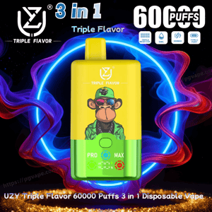 Yellow-and-green disposable vape device featuring a stylized monkey mascot, shown against neon blue and purple smoke rings with labels reading 3 in 1, Triple Flavor, 60,000 puffs and small icons for mesh coil, 54ml, 850mAh battery and Type-C port.