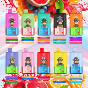 Ten brightly colored disposable vape devices arranged in two rows, each featuring a cartoon ape logo and distinctive color blocks, with labeled flavor tags and vivid fruit-splash backgrounds showing berries, citrus, watermelon and other fruit imagery.
