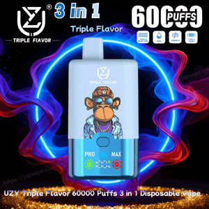 Light-blue disposable vape device labeled "Triple Flavor" featuring a cartoon monkey in sunglasses and jewelry, with PRO and MAX indicator icons on the front, set against neon blue and red smoke rings and large "60,000 puffs" text.