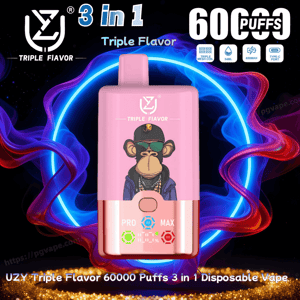 Pink rectangular UZY Triple Flavor disposable vape with a cartoon ape wearing sunglasses and chains on the body, centered in a neon blue ring and red-blue smoke, surrounded by text reading '3 in 1' and '60000 PUFFS' and small icons for triple mesh coil, 54ml, 850mAh and Type-C port.