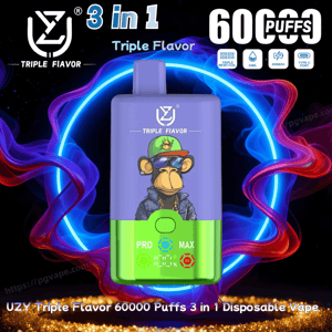 Purple-and-green rectangular disposable vape device labeled 'Triple Flavor' with a cartoon ape wearing a hat and sunglasses on the front, centered inside a glowing blue-and-red neon ring with text noting '3 in 1' and '60,000 puffs' and small feature icons around it.