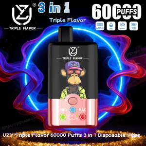 Black-and-pink disposable vape device with a stylized cartoon ape in a purple cap on its front, set against a glowing blue and red neon ring and branded text reading 3 in 1 and 60000 PUFFS plus small icons for triple flavor, 54ml, 850mAh and Type‑C port.