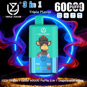 Turquoise disposable vape device with a cartoon ape wearing sunglasses and chains centered inside a neon blue and red smoke ring, with text saying '3 in 1 Triple Flavor' and a large '60000 PUFFS' label plus small icons for mesh coil, 54ml, 850mAh battery and Type‑C port.