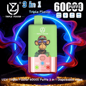 Green and rose-gold disposable vape device featuring a cartoon ape in sunglasses and camo labeled 'Triple Flavor', centered against a glowing blue and purple ring with red smoke and prominent text '3 in 1' and '60000 puffs'.