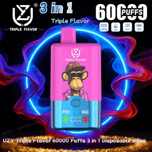 Bright pink-and-blue UZY 'Triple Flavor' disposable vape device with a cartoon monkey wearing sunglasses on the front, labeled '3 in 1' and '60,000 puffs', set against a glowing neon blue ring and swirling red-purple smoke.