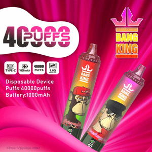 Bright pink ad showing two colorful Bang King disposable vape sticks with cartoon ape artwork and flavor labels (watermelon and strawberry), large 