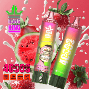 Two brightly colored Bang King disposable vape devices—one with a cartoon ape and 'Strawberry Watermelon' label—set against splashing strawberries and a watermelon on a pink background with '40,000 PUFFS' branding.