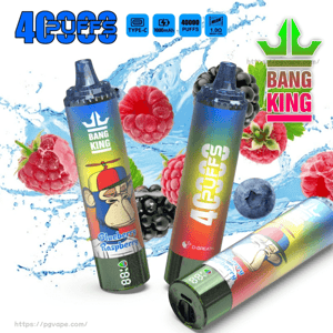 Three colorful Bang King disposable vape devices, one showing a cartoon monkey and the label 'Blueberry Raspberry', another marked '4,000 puffs', arranged with splashing water and assorted berries (raspberries, blueberries, blackberries) on a white background.