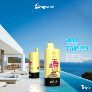 Two bright yellow disposable vape devices with cartoon monkey graphics and black bases reflected on a poolside surface, set in front of a modern white villa, infinity pool and clear blue sky with branding and product text visible.
