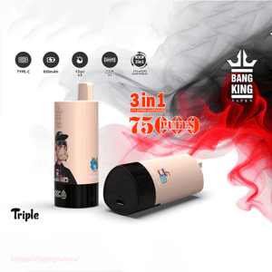 Two beige Bang King disposable vapes—one standing with a cartoon ape graphic and one lying on its side showing a USB-C port—set against black and red smoke with signage reading “3 in 1” and “75 puffs” and small icons indicating Type‑C, 650mAh and 15ml×3 features.