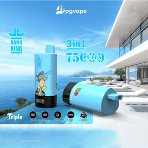 Two light-blue Bang King disposable vapes—one standing with a cartoon monkey graphic and one lying on its side—displayed on a modern seaside villa terrace by a pool with promotional text reading '3 in 1' and '75 puffs' against an ocean backdrop.
