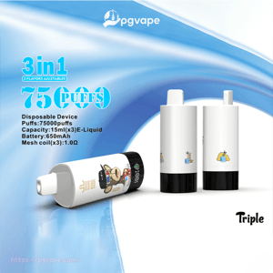 Three white PGVAPE 'Triple' 3-in-1 disposable vape devices displayed against a blue wave background with product text noting 75,000 puffs, 15 ml ×3 e-liquid capacity, 650 mAh battery, and the PGVAPE logo.