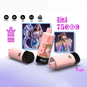 Three pink Bang King disposable vape devices with a monkey 'Pink Lemonade' label and digital display, shown alongside brand icons, product text promoting 3-in-1 flavor options and puff count, and colorful fantasy artwork and logo in the background.