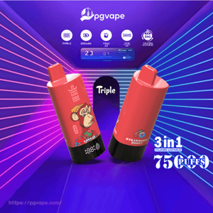 Two red PGVape disposable vape devices with black LED bases — one featuring a monkey 'Bang King' graphic and the other labeled 'Strawberry Donut' — displayed against a purple-blue neon striped background with product badges reading Triple, 3 in 1, 75 puffs and icons for Type‑C, 650mAh and 15ml x3.