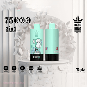 Two mint-green Bang King disposable vape devices with black bases—one featuring a cartoon monkey labeled “Black Dragon Ice”—displayed on a white pedestal against a decorative white floral backdrop with prominent text reading “75 puffs” and “3 in 1” and the Bang King logo.