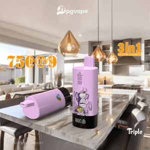 Two lavender disposable vape devices with a cartoon gorilla label—one upright showing a digital battery display and the other lying on its side—sitting on a marble kitchen island under pendant lights, with overlay text reading 75 puffs, 3 in 1, and a pgvape logo.