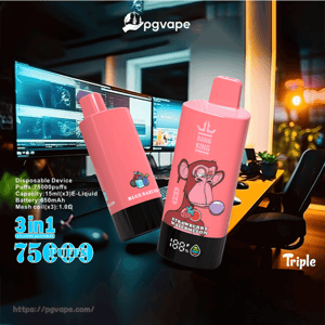 Two pink disposable vape devices in the foreground—one branded Bang King with a cartoon monkey and labeled Strawberry Watermelon, the other labeled Blue Razz—set against a dimly lit gaming-style desk with multiple monitors and promotional text for 3-in-1, 75 puffs and battery capacity.