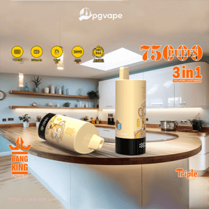 Two pale yellow cylindrical vape devices branded Bang King placed on a wooden kitchen island in a bright modern kitchen, with large orange promotional text reading 75 puffs and 3 in 1 and small icons indicating Type‑C, 650mAh battery and 15ml e‑liquid.