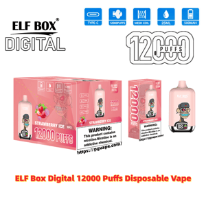 Pink ELF BOX Digital disposable vape packaging and device labeled Strawberry Ice featuring a cartoon monkey design, prominent 