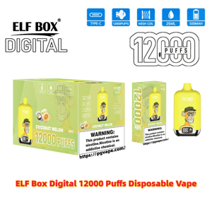 Yellow ELF BOX Digital disposable vape device and matching boxes in Coconut Melon flavor, featuring a cartoon monkey logo, prominent 