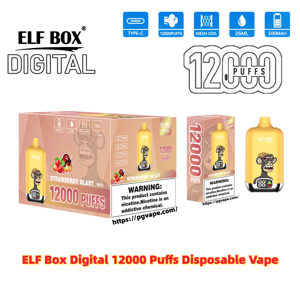 Packaging and product display for ELF BOX Digital 'Strawberry Blast' disposable vape showing a yellow device with a cartoon monkey, boxes labeled 12,000 puffs, icons for Type‑C charging, mesh coil, 25ml and 500mAh, and a nicotine warning.