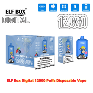 Blue ELF BOX Digital disposable vape and boxed packaging labeled '12000 Puffs' with a blue device featuring a cartoon monkey, 'Blue Razz Ice' flavor text, icons for Type‑C, mesh coil, 25ml and 500mAh, and a visible nicotine warning label.
