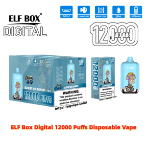 Blue product box and matching disposable vape device for ELF BOX Digital blueberry sour raspberry flavor, featuring large '12000 puffs' text, a cartoon monkey illustration, icons for Type‑C, mesh coil, 25 ml and 500 mAh, and a prominent nicotine warning label.