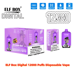 Purple ELF BOX Digital disposable vape and matching retail box labeled 'Kiwi Passion Fruit' with a cartoon ape graphic, prominent 12,000 PUFFS branding, icons for Type-C, mesh coil, 25ml and 500mAh, and a nicotine warning panel.