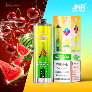 Bright green JNR Shisha Hookah Max disposable vape and matching box labeled 'Cherry Watermelon Freeze' shown against a colorful background with splashing cherries and watermelon slices and a visible nicotine warning.