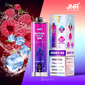 A metallic purple-pink JNR Shisha Hookah Max disposable vape device and matching box labeled “Berry Ice,” shown alongside raspberries and splashing ice cubes to illustrate the icy berry flavor, with the brand logo and nicotine warning visible on the packaging.