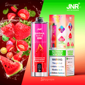 Bright, colorful product image of a pink JNR Shisha Hookah Max disposable vape next to its box labeled Watermelon Strawberry Bubblegum, with strawberries, watermelon slices and candy floating against a split red and green background.