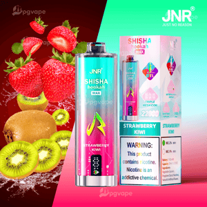 Cylindrical metallic gradient JNR SHISHA hookah MAX disposable vape and its matching box labeled Strawberry Kiwi, shown against a split red-and-teal background with fresh strawberries and sliced kiwis and a visible nicotine warning on the packaging.