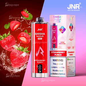Red cylindrical JNR Shisha Hookah Max disposable vape labeled 
