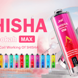 Pastel pink ad with large SHISHA hookah MAX headline, two oversized colorful JNR disposable hookah devices (pink and teal) angled at right, a row of many multicolored cans along the bottom, the tagline ‘Triple Coil Working Of SHISHA,’ and DTL branding.