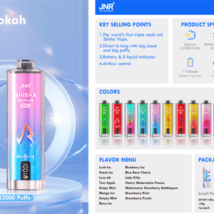 Promotional layout for JNR SHISHA hookah MAX showing two tall gradient disposable vape devices (blue and pink) labeled Approx. 22,000 puffs on the left, and on the right product specs and key selling points, a row of many colorful device variations, flavor menu, and packaging illustrations.