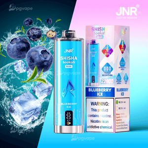 Metallic blue JNR Shisha Hookah Max disposable vape device and its matching box labeled 