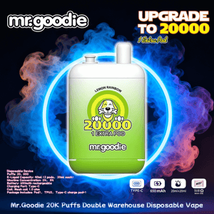 Green Mr. Goodie Lemon Rainbow disposable vape pod with a cartoon dog logo and prominent '20000 1 Extra Pod' text centered against a neon blue circular glow and purple-blue smoke background, with an 'Upgrade to 20000' headline in the top right.