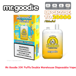 Product photo of a yellow-and-white Mr.Goodie disposable vape and its matching box labeled 