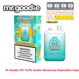 Mint-green Mr.Goodie disposable vape and matching box pictured side-by-side, featuring bold 'Upgrade to 20000 1 Extra Pod' text, a smiling cartoon mascot, product icons (Type‑C, 650 mAh, 20ml+20ml, dual mesh), and a prominent nicotine warning label on the box.