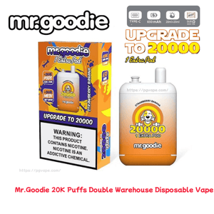 Mr.goodie 'Upgrade to 20000' disposable vape packaging and device in orange strawberry-banana design, showing the rectangular box with a nicotine warning label and a white-and-orange pod featuring a smiling lion logo and '20000 1 Extra Pod' text with small icons for Type‑C charging and 650 mAh.