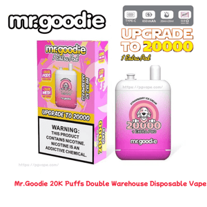 Pink and white Mr. Goodie disposable vape box and matching device showing a strawberry ice cream mascot, large '20000 1 Extra Pod' and 'Upgrade to 20000' text, plus a nicotine warning panel on the box.